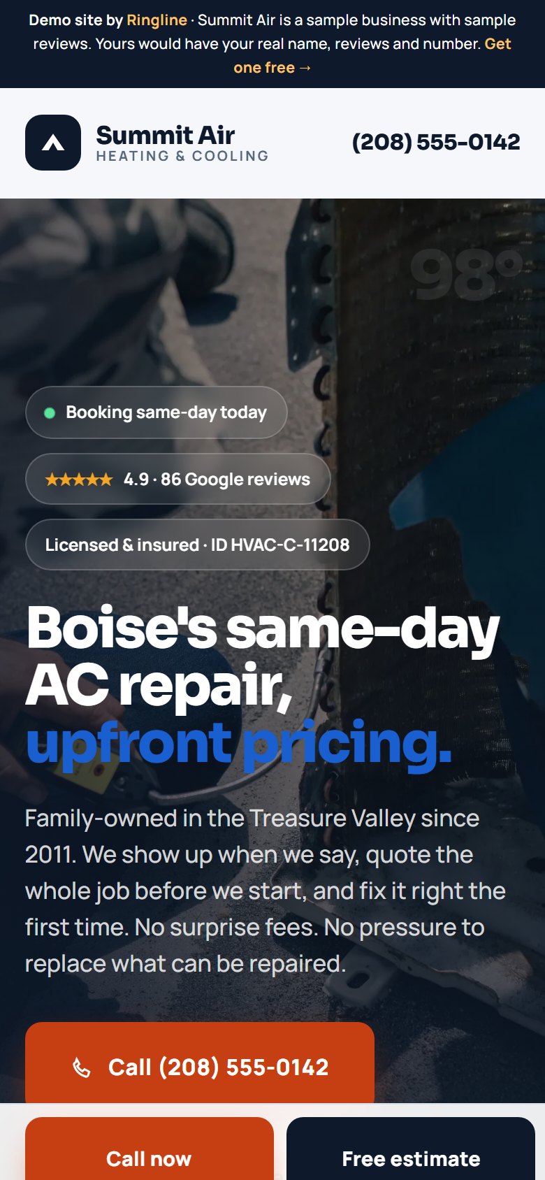 Mobile view of a Ringline-built HVAC site with a call button in the header